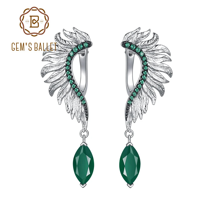 GEM'S BALLET Angel Wings Feather 925 Sterling Silver Earrings For Women Jewelry Anniversary Gift Natural Green Agate Amethyst