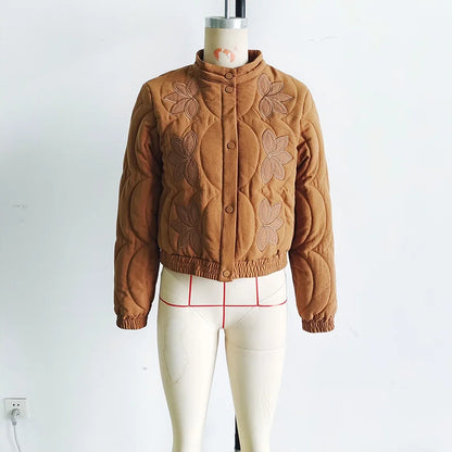 2025 Women's Crop Coat Fashion Warm Single Breasted Blue Embroidery Cotton Jackets Woman Autumn Winter Chic Outwear