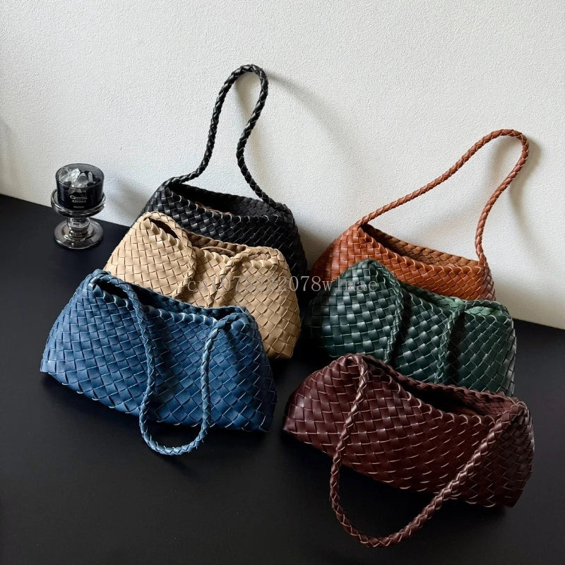 Women Handwoven Shoulder Bag Korean Casual Trendy Large Capacity Handbag Soft PU Leather Ladies Tote Bag Summer Underarm Bags