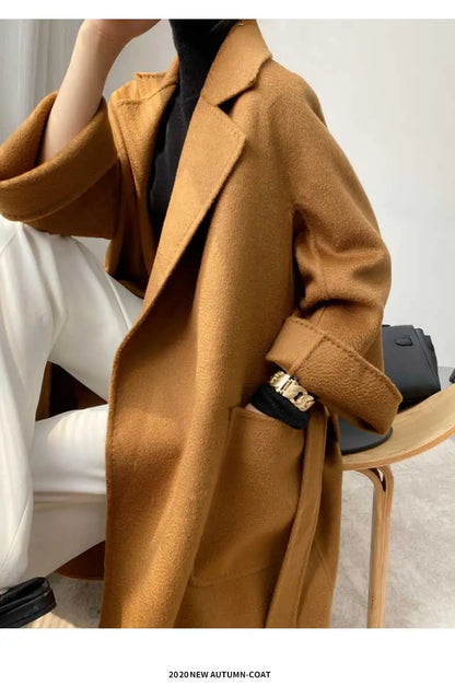 Women Double-Sided 20% Cashmere Wool Coat Jacket Women Long Beautiful Woolen Winter Autumn Warm Fashion Water Ripple Cloak