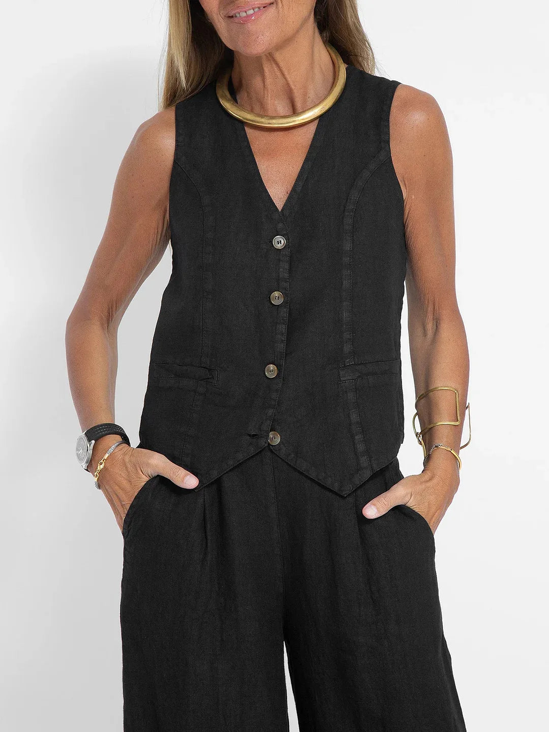 Women's Clothing 2025 Spring Summer New Fashionable Vest Pants Collage Splicing Pure Sleeveless Color Temperament Casual Suit