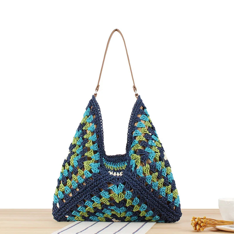Summer Bohemian Braided Handbag Casual Tote Hollow Straw Beach Bag Woven Shoulder Bag Raffia Rattan Shopping Travel Bag