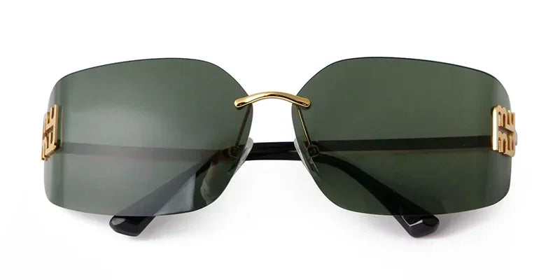 Luxury Metal Rimless Sunglasses Women Brand Design Rivets Letter Rectangle Curved Shades Funky Classic Sun Glasses Female