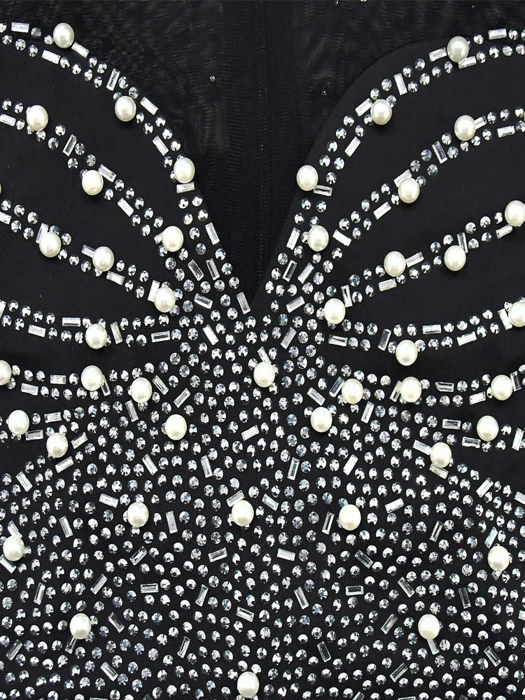 Beyprern Women's Sheer Mesh Crystal Jumpsuits One Piece Outfits Glam Fitted Long Sleeve Pearls Rhinestone Rompers Club Overalls