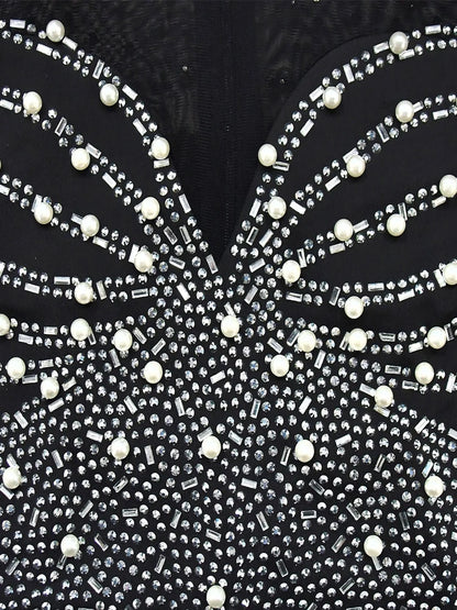 Beyprern Women's Sheer Mesh Crystal Jumpsuits One Piece Outfits Glam Fitted Long Sleeve Pearls Rhinestone Rompers Club Overalls