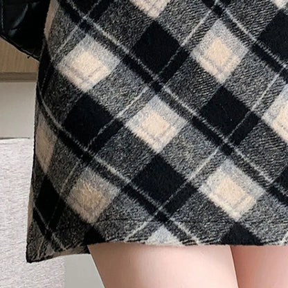 2025 Woman Skirts Woolen A-word Short Skirt Autumn And Winter Half Plaid Female Of The New High-waisted Slim-fit Wrap Hip Skirt