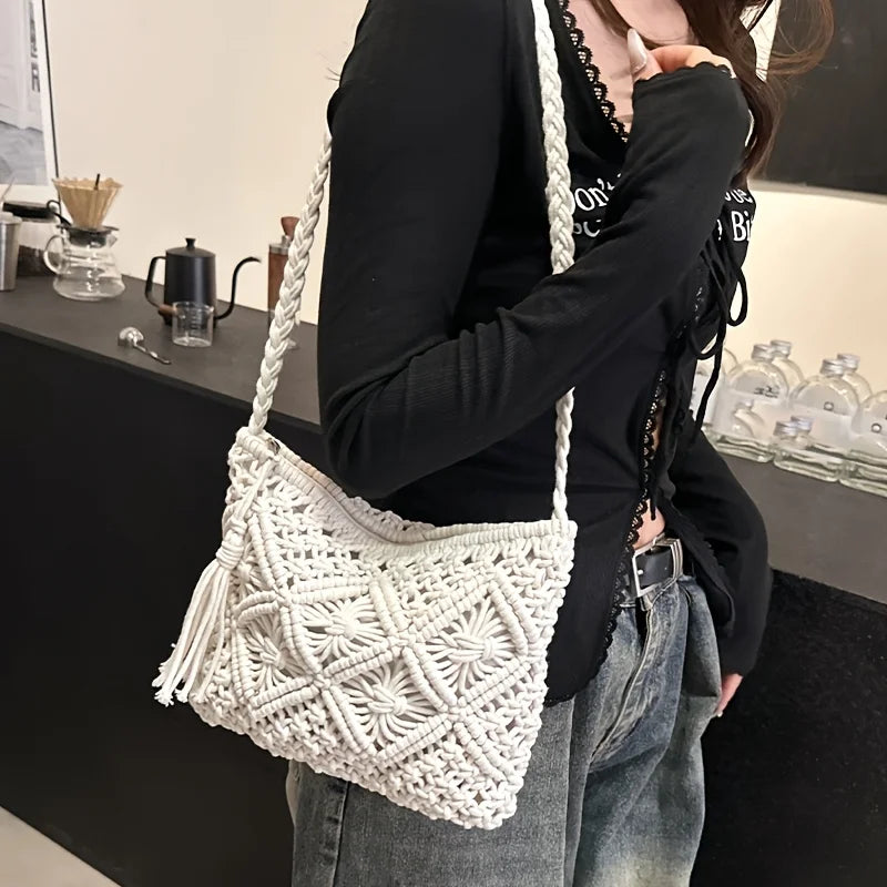 1pc Boho Chic Handwoven Shoulder Bag for Women,Handwoven Cotton with Zipper & Tassel Details,Beach Bag,for Travel,Casual Outings
