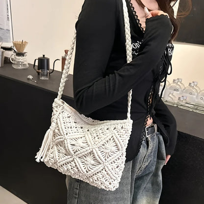 1pc Boho Chic Handwoven Shoulder Bag for Women,Handwoven Cotton with Zipper & Tassel Details,Beach Bag,for Travel,Casual Outings