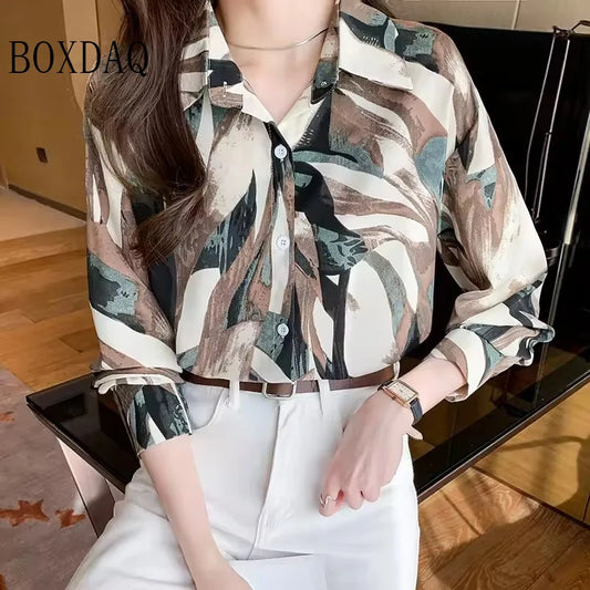 Fashion Woman Blouses 2025 Autumn Shirts For Women Abstract Striped Basic Womens Tops Luxury Women's Lapel Blouses Print Elegant