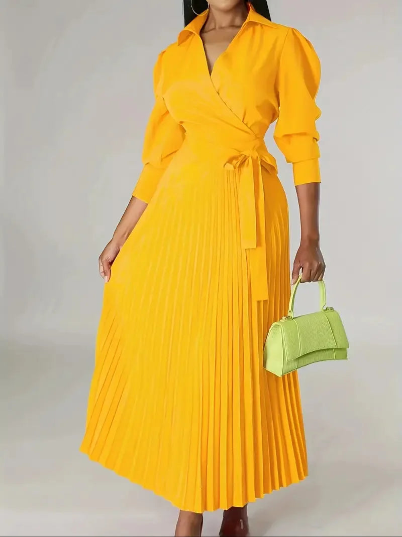 Woman's Elegance Evening Party Pleated Dress Spring Fashion V-neck Long Sleeves High Waist Lace-up Robe Autumn Ladies Vestidos