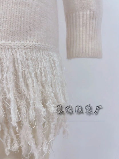 Knitted Dresses 2025 Woman High Neck Vestidos Tassel Sweater Pulls Femmes Keep Warm Homewear Solid Color Temperament Commuting