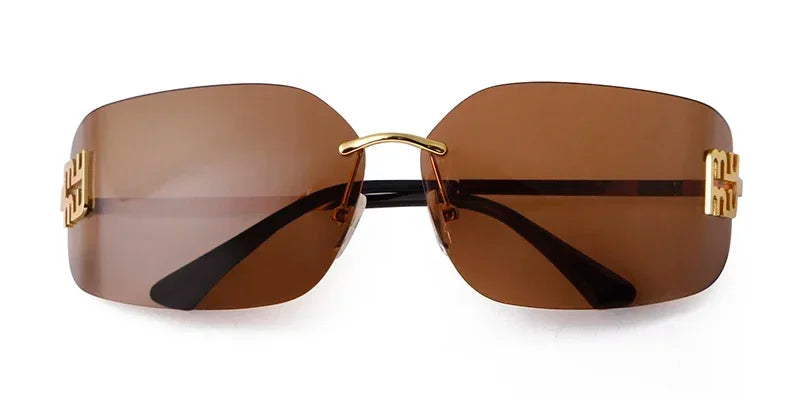 Luxury Metal Rimless Sunglasses Women Brand Design Rivets Letter Rectangle Curved Shades Funky Classic Sun Glasses Female