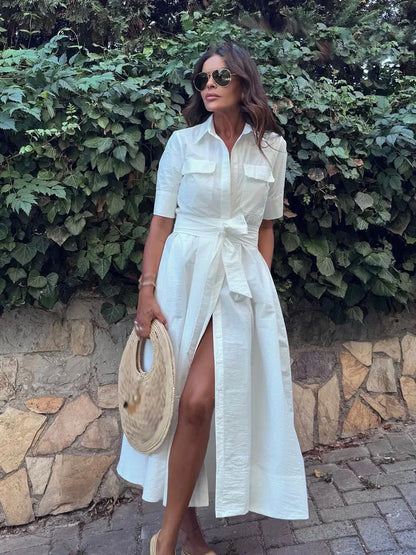 HH Woman Dresses Solid Turn-Down Collar Short Sleeve Pockets Bow Lace-Up Single-Breasted Female Fashion Long Dress 7 Color