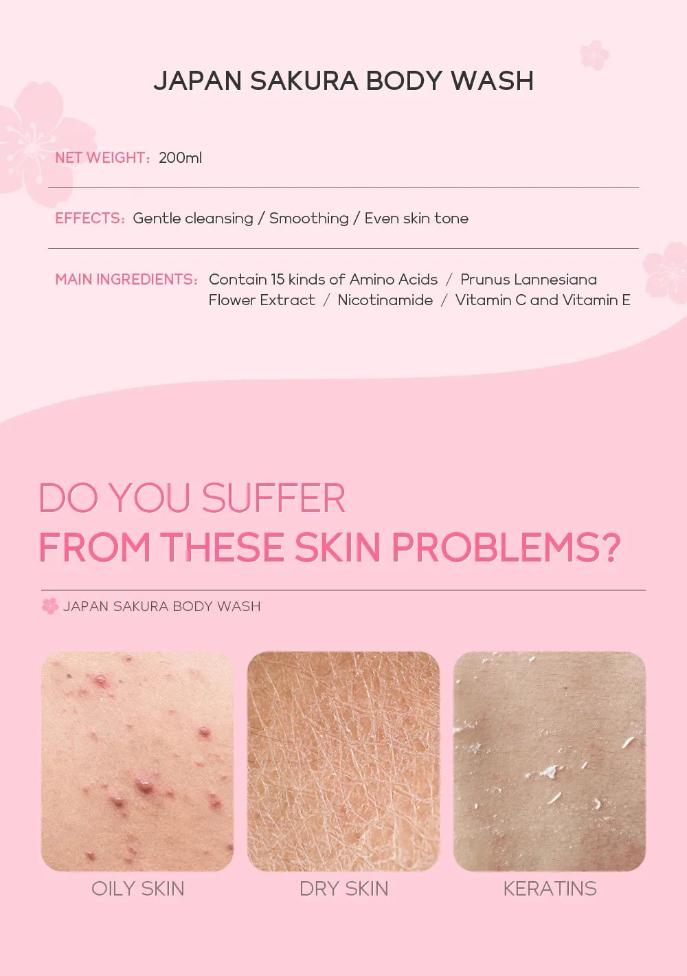 LAIKOU Sakura Shower Gel Long Moisturizing Smooth Long Lasting Fragrance Gentle Foam Body Cleansing Bath Product 200ml