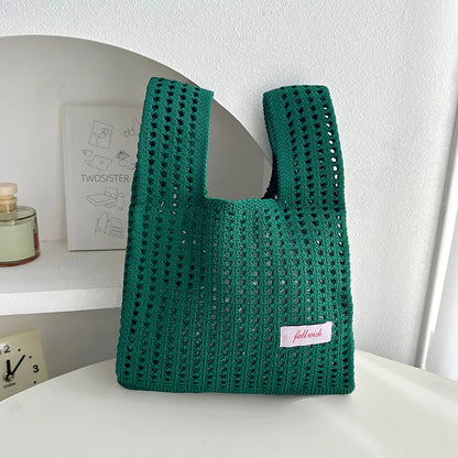 Handmade Knit Handbag Women Mini Knot Wrist-bag Female Casual Color Wide Stripe Plaid Tote Bag Student Reusable Shopping Bag