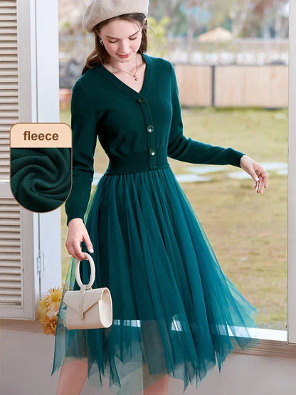 I BELIEVE YOU Dresses for Women 2025 Spring Retro V-neck Pullover Knitted Long Sleeve Patchwork Gauze Woman Clothes 2214133903