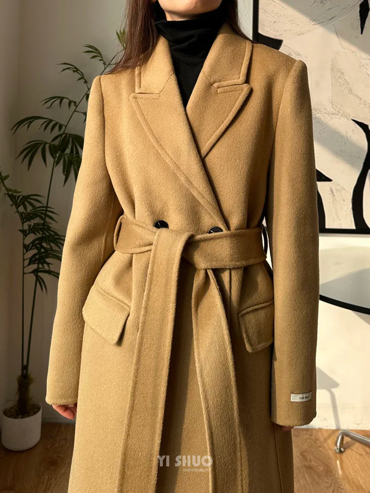 2025 New Women Elegant White Long Below The Knee Woolen Coat Winter Female High Sense Fashion Double-breasted Thicken Outwear