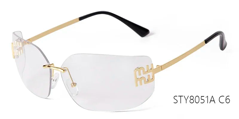 Luxury Metal Rimless Sunglasses Women Brand Design Rivets Letter Rectangle Curved Shades Funky Classic Sun Glasses Female