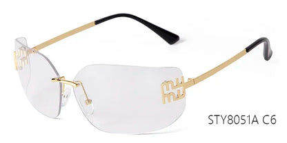 Luxury Metal Rimless Sunglasses Women Brand Design Rivets Letter Rectangle Curved Shades Funky Classic Sun Glasses Female