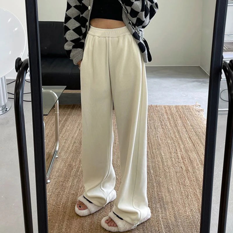 Winter Warm Thicken Trousers Women Fleece Inside Casual Wide Leg Pants Woman Casual Soild Color Straight Sports Pants Female