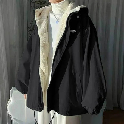 Lamb wool Jacket Women's 2025 Autumn winter New Korean version Loose Workwear Student cotton Jackets Female Hooded Warm Coat