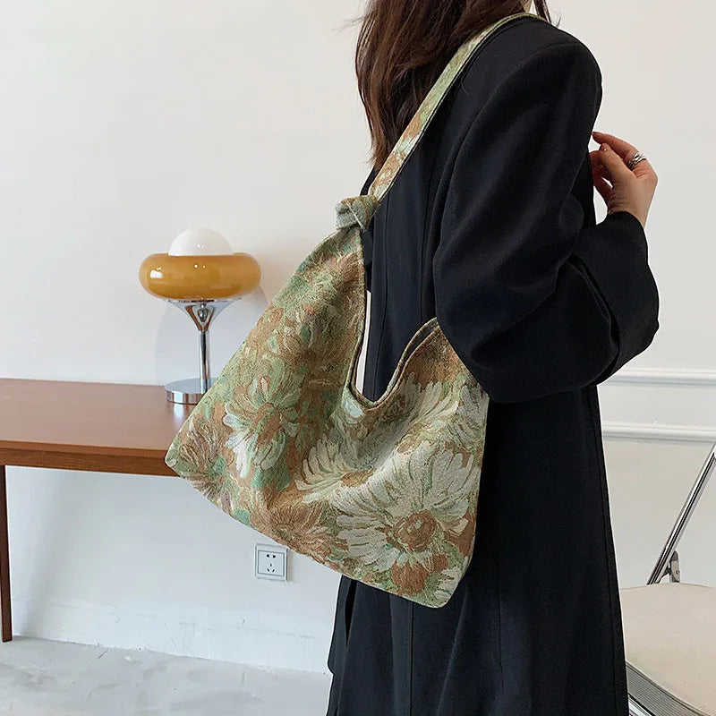 New Large Capacity Women's Handbag Fashion Printing Underarm Bag Retro Leisure Waterproof Shoulder Bag Women Canvas Shopping Bag