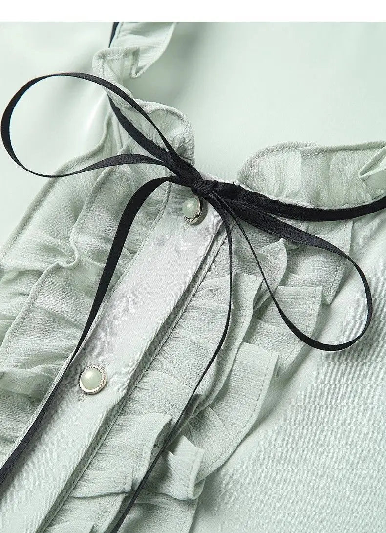 Women's Clothing Long-sleeved Chiffon Shirt Stand-up Collar French Tie High-end New Style Shirt Lace-up Top