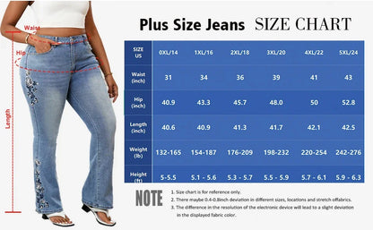 Plus Size Elegant Bootcut Denim Jeans for Women Tummy Control High Rise Curvy Fit Floral Design Slimming Dressy Jeans Pants