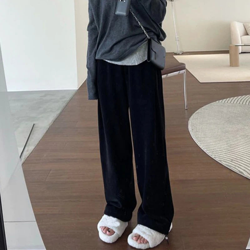 Winter Warm Thicken Trousers Women Fleece Inside Casual Wide Leg Pants Woman Casual Soild Color Straight Sports Pants Female