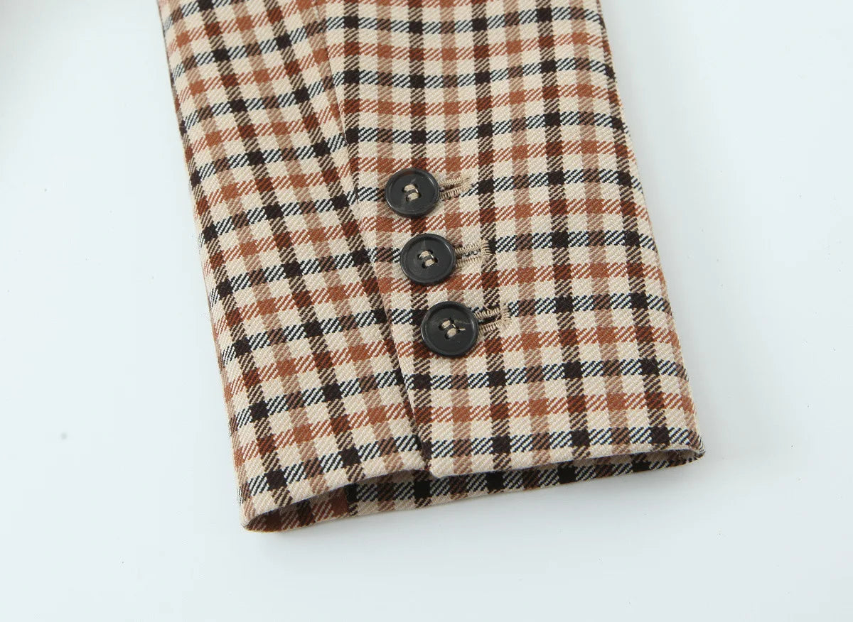 Woman Office Lady Suit Plaid Jacket Chic Autumn Khaki Plaid WomanSingle Breasted Blazer+Straight Long Pants Vintage Fashion