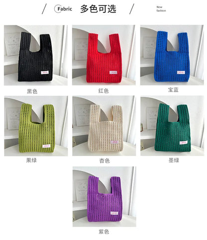 Handmade Knit Handbag Women Mini Knot Wrist-bag Female Casual Color Wide Stripe Plaid Tote Bag Student Reusable Shopping Bag