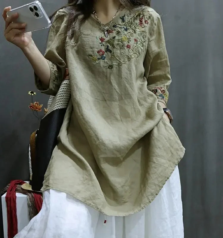 Cotton and Linen Women Clothing 2025 Summer New Print Retro Embroidery Loose Slim and Fashionable Shirt