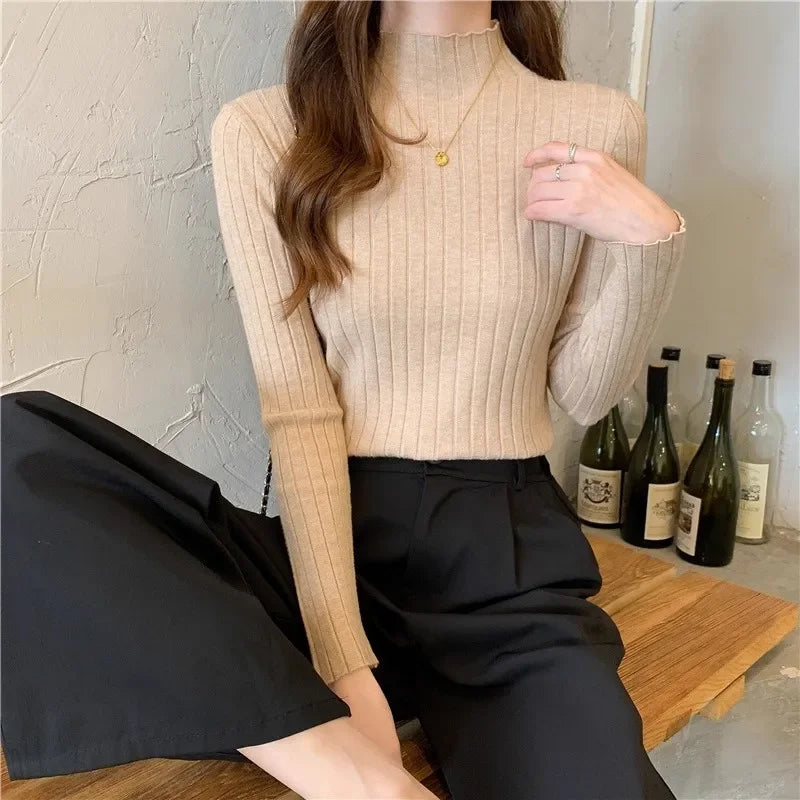 Woman Sweaters 2025 Autumn Winter Knitted Ribbed Turtleneck Sweater Women Clothes Long Sleeve Slim Basic Pullover Solid Tops