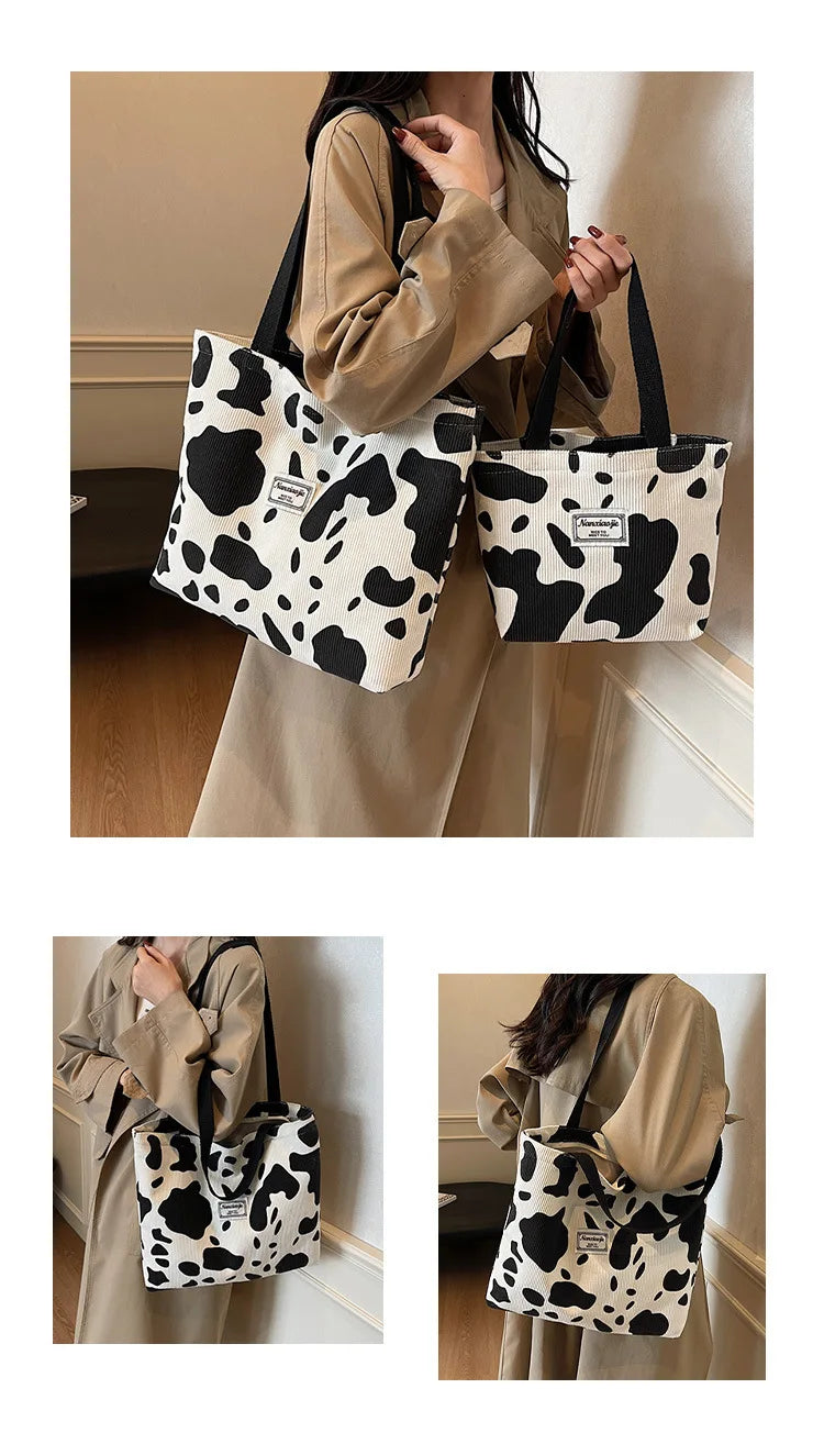 Ladies' one shoulder handbag, large capacity zipper commuting bag, corduroy retro artistic tote bag