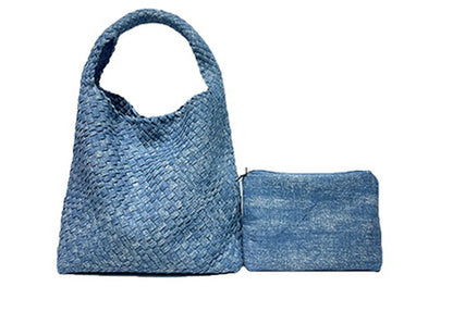 Women Jean Woven Bag Hand-Woven Tote Handbag Fashion Shoulder Top-handle Bag All-Match Underarm Bag with Purse