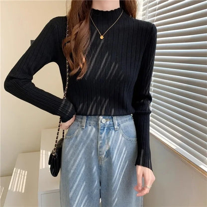 Woman Sweaters 2025 Autumn Winter Knitted Ribbed Turtleneck Sweater Women Clothes Long Sleeve Slim Basic Pullover Solid Tops
