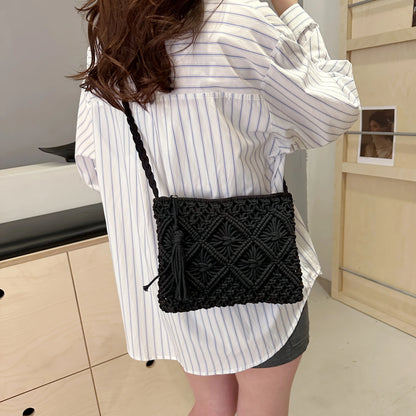 1pc Boho Chic Handwoven Shoulder Bag for Women,Handwoven Cotton with Zipper & Tassel Details,Beach Bag,for Travel,Casual Outings