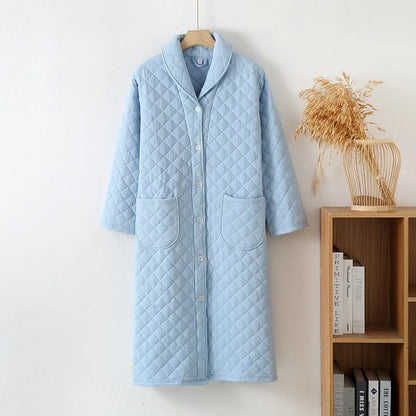 Autumn Winter Women Warm Cotton with Filler Robe Ladies Bathrobe Female Long Sleeve Dressing Gown Robes Simple Home Clothes