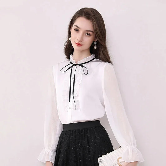 Women's Clothing Long-sleeved Chiffon Shirt Stand-up Collar French Tie High-end New Style Shirt Lace-up Top