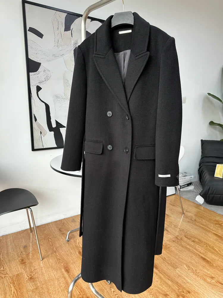 2025 New Women Elegant White Long Below The Knee Woolen Coat Winter Female High Sense Fashion Double-breasted Thicken Outwear