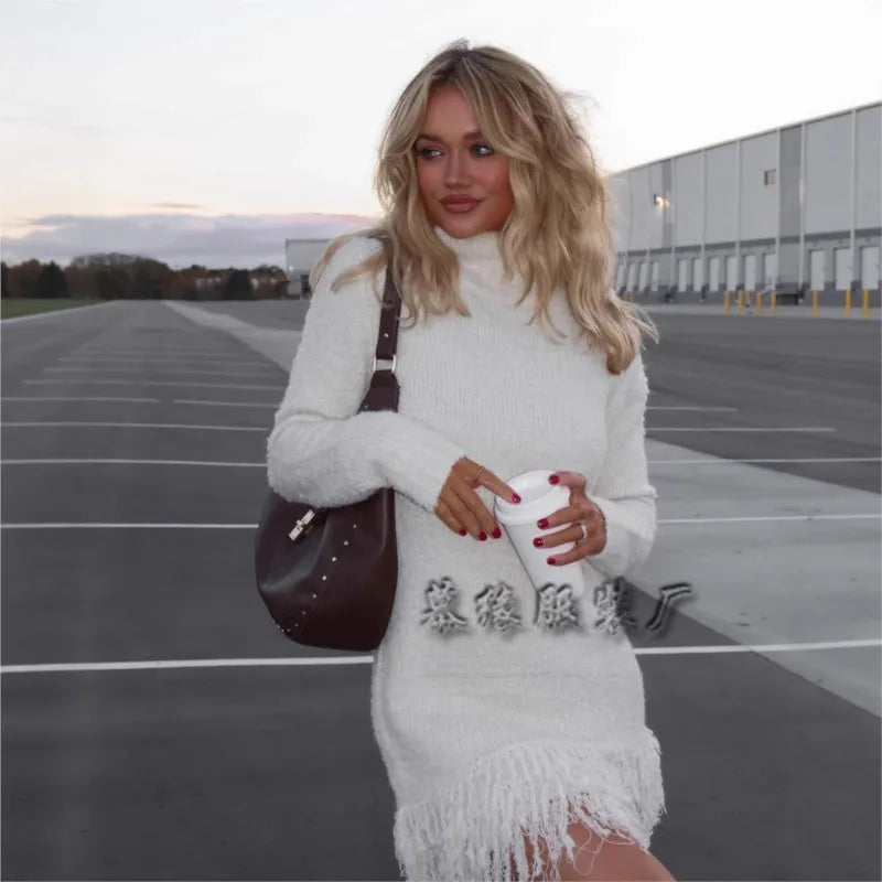 Knitted Dresses 2025 Woman High Neck Vestidos Tassel Sweater Pulls Femmes Keep Warm Homewear Solid Color Temperament Commuting