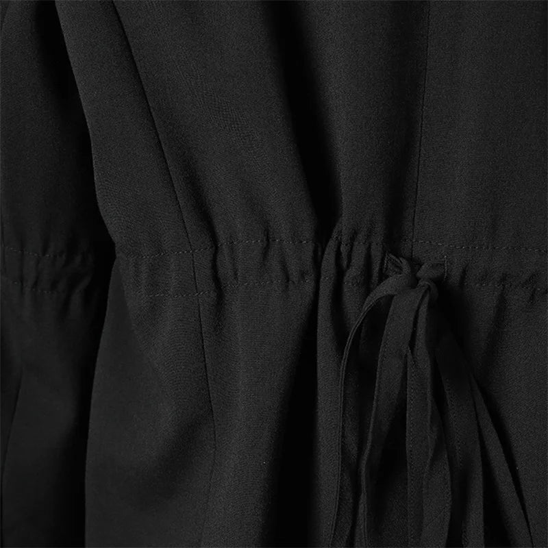 Women's Black Blazer Top with Bell Sleeves Bow Tie Cuffs Elegant Lapel Casual Jacket Drawstring Waist Loose Fit Office Outerwear