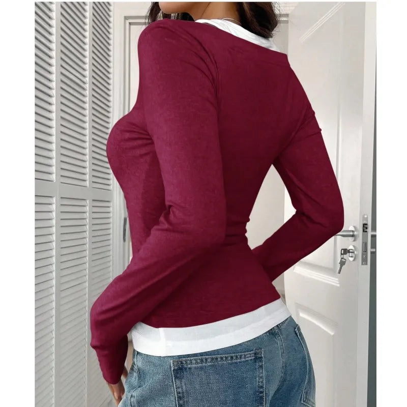 New Women's Blouses T-shirt Spring Fall Fashion Slim Halter Neck Fake Two-piece Stretch Long-sleeve Top Women Casual Clothing