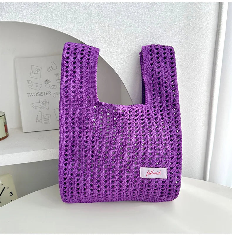 Handmade Knit Handbag Women Mini Knot Wrist-bag Female Casual Color Wide Stripe Plaid Tote Bag Student Reusable Shopping Bag