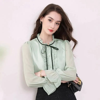 Women's Clothing Long-sleeved Chiffon Shirt Stand-up Collar French Tie High-end New Style Shirt Lace-up Top