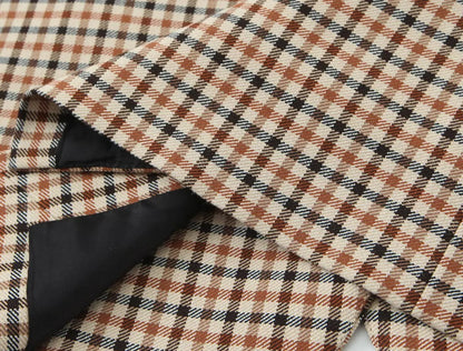 Woman Office Lady Suit Plaid Jacket Chic Autumn Khaki Plaid WomanSingle Breasted Blazer+Straight Long Pants Vintage Fashion