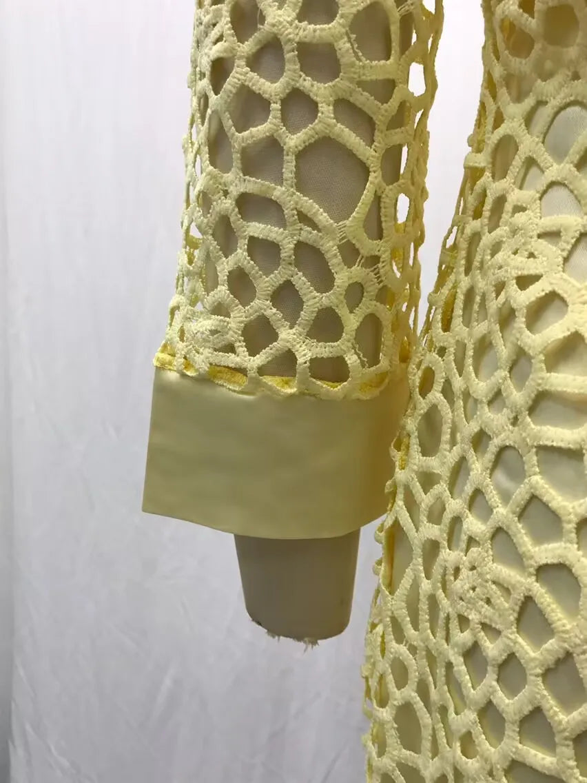 Wein Lace Cardigan Dress with Two Coats Lady Female Woman Skirt Dresses Coat Set Suit Hollow Out Cotton and Linen Formal Office