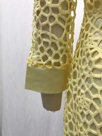 Wein Lace Cardigan Dress with Two Coats Lady Female Woman Skirt Dresses Coat Set Suit Hollow Out Cotton and Linen Formal Office