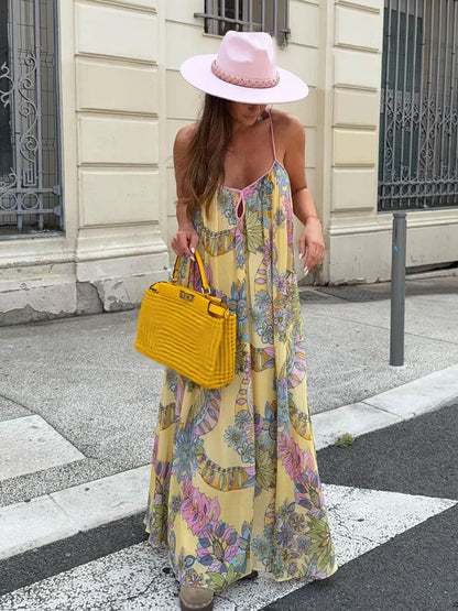 HH 2025 Woman's Summer Fashion V-neck Printed Sleeveless Dress Female Elegant Pleated Sexy Backless Casual Midi Long Dress