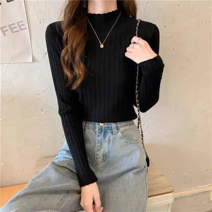 Woman Sweaters 2025 Autumn Winter Knitted Ribbed Turtleneck Sweater Women Clothes Long Sleeve Slim Basic Pullover Solid Tops